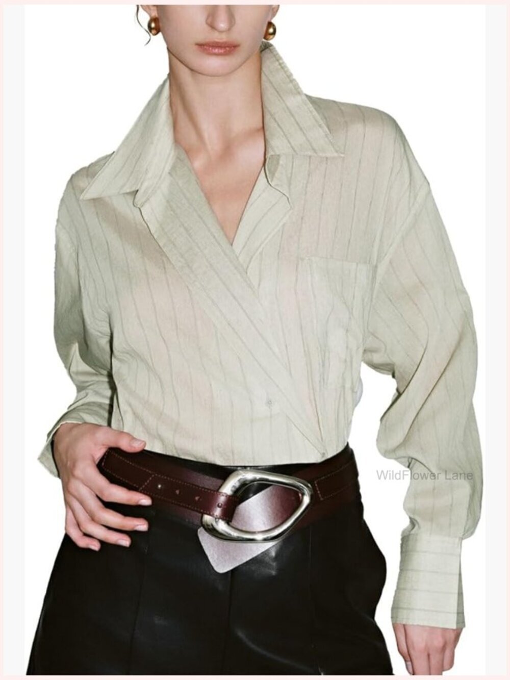 Women's Deep V-Neck Button Down Shirt Stand Collar Long Sleeve Blouse
